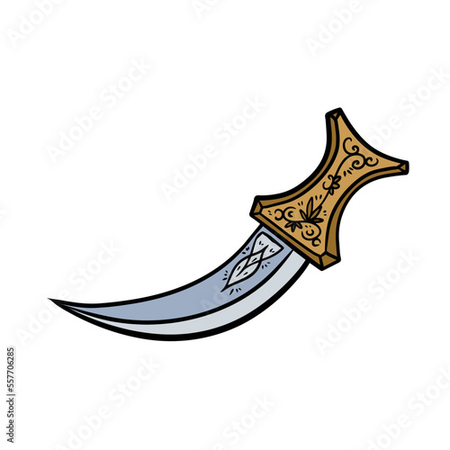 Arab dagger with curved blade. Omani culture and weapons. Yemeni knife with ornament. Flat illustration
