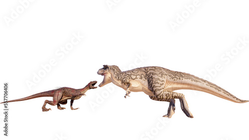 Dinosaur albertosaurus vs Indoraptor roaring, fighting isolated on blank background PNG ultra high resolution © akiratrang