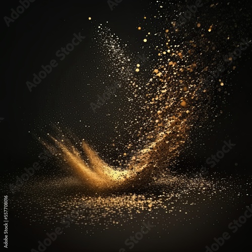 AI computer generated art of golden dust, abstract light background. Ideal for product placement