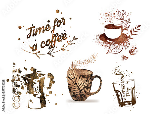 Coffee shop - Coffee time for coffee lovers. Coffee with coffee beans, coffee pot, espresso macchiato. Isolated on a white background. Coffee print design with mocha pot and different coffee cups.