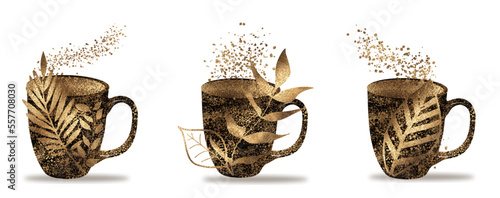 Decorative coffee mugs with plant motifs in gold design. Coffee cups - Coffee time for coffee lovers. Coffee cups isolated on a white background. Coffee print design. 