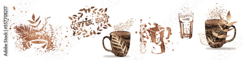 Coffee shop - Coffee time for coffee lovers. Coffee with coffee beans, coffee pot, espresso macchiato. Isolated on a white background. Coffee print design with mocha pot and different coffee mugs.