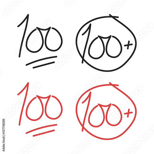 100, best exam score symbol, one hundred plus, full score grade. Vector hand drawn icon