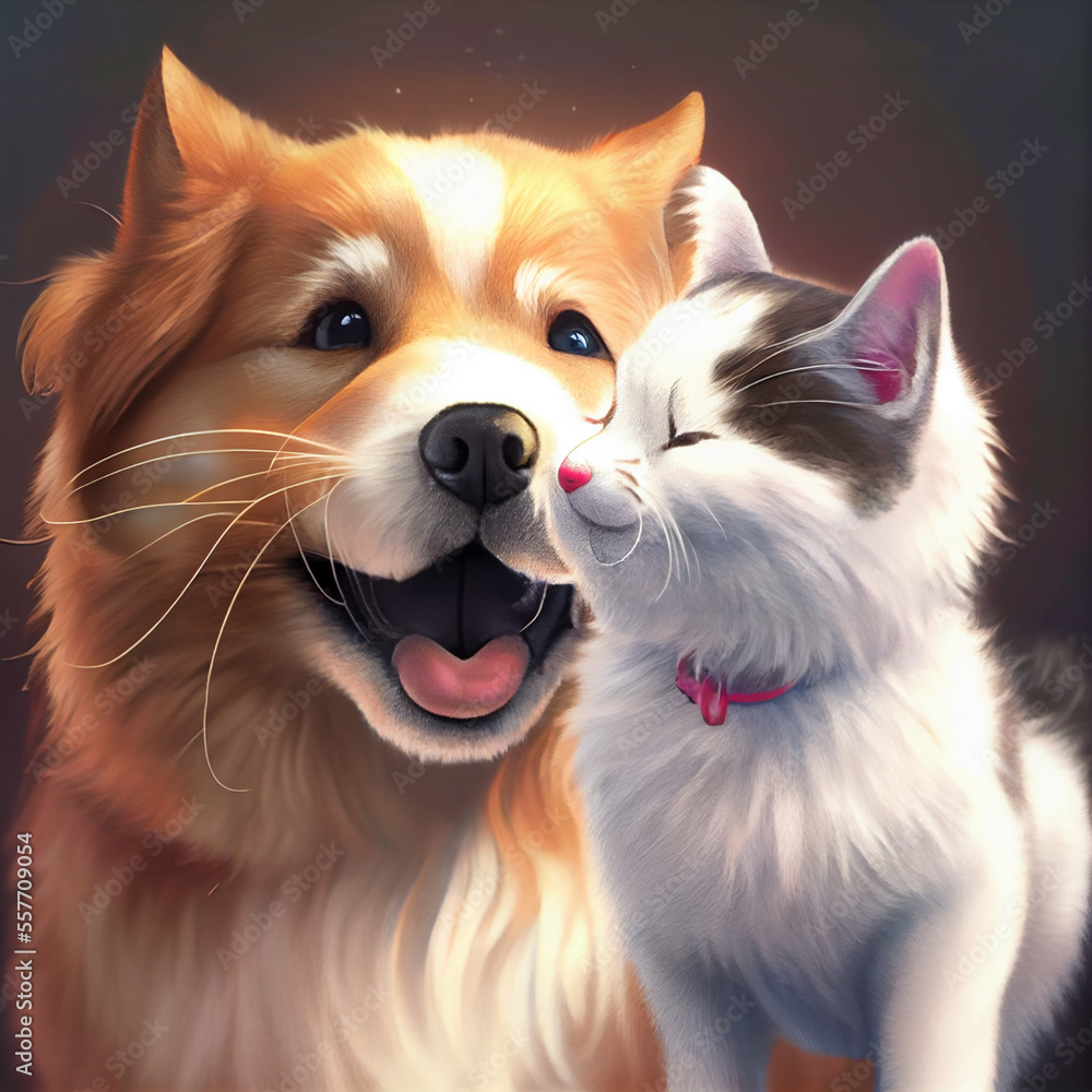 Obraz premium Happy dog and cat friends posing together