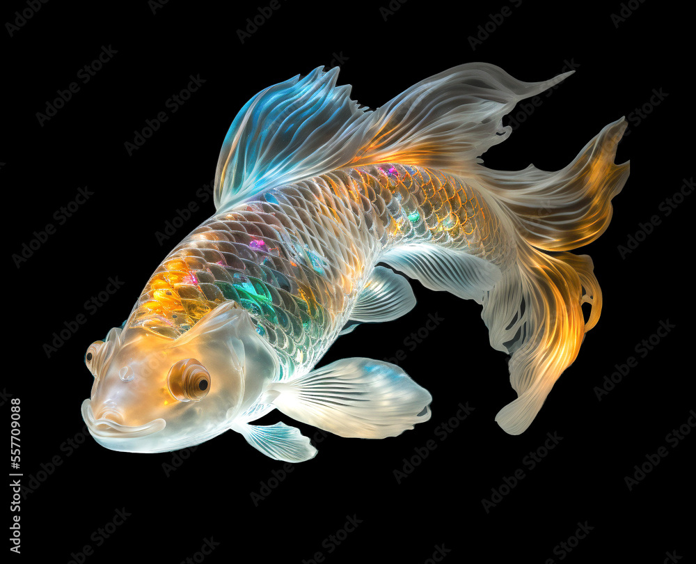 Fototapeta premium Iridescent Glass Koi Fish on Black Background, Generative AI