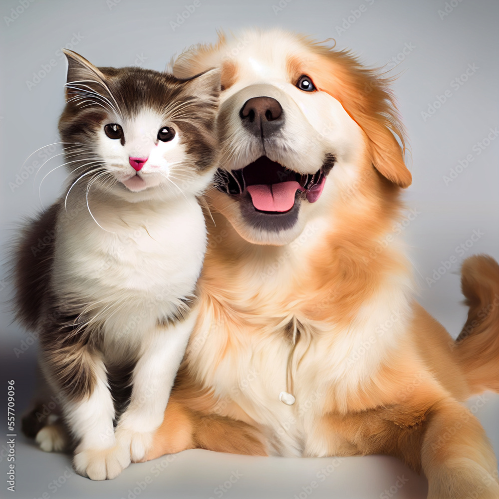 Happy dog and cat friends posing together