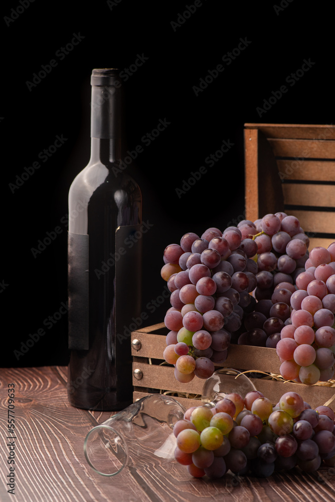 Grapes, details of beautiful grapes and wine on rustic wooden table, selective focus.