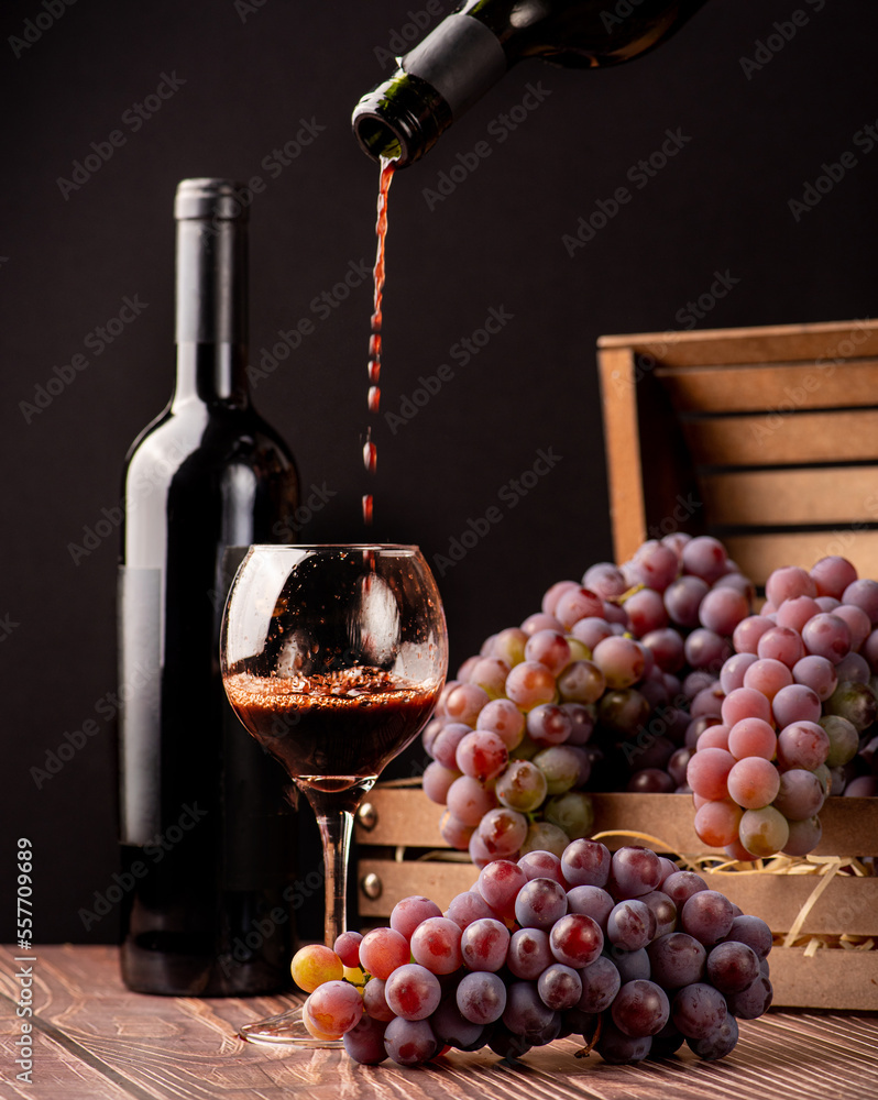 Grapes, details of beautiful grapes and wine on rustic wooden table, selective focus.