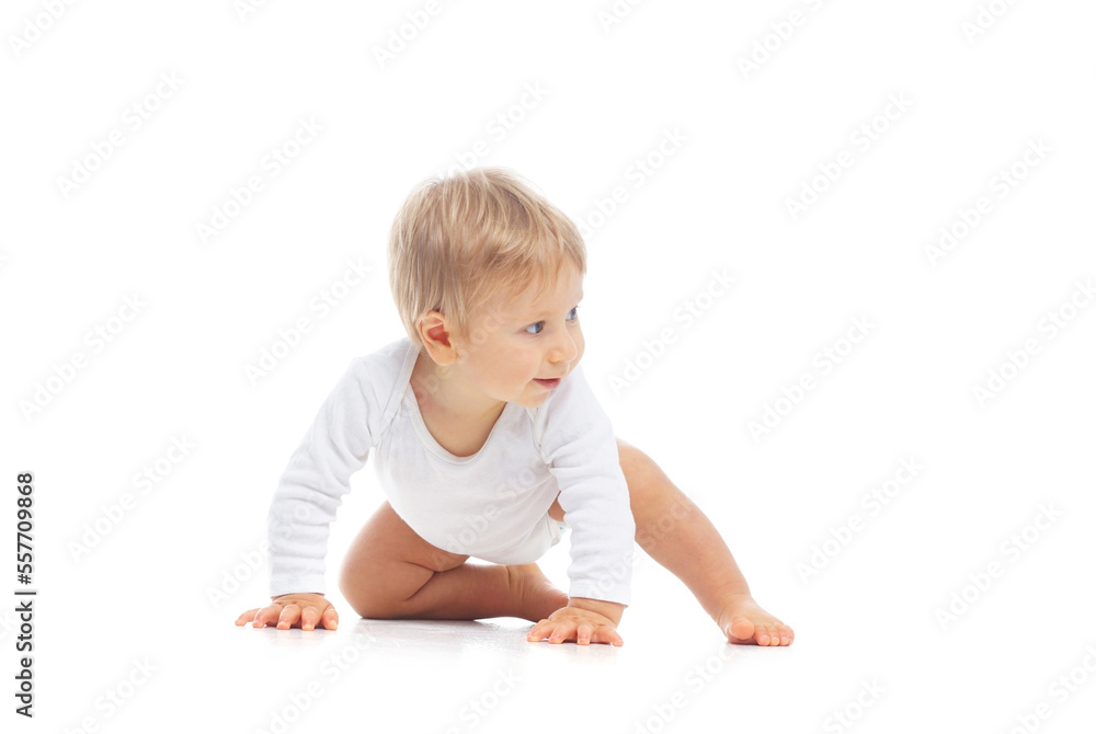 Little, happy and smiling cute baby in the studio. Portrait of a one year old baby. The concept of happiness. Little, happy and smiling cute baby in the studio. Portrait of a one year old baby. The concept of happiness.