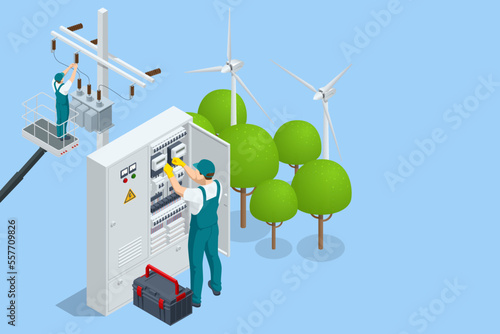 Isometric Electricity energy maintenance. Technician repair service of the powerline. Maintenance of voltage transformer, repair of power lines on crane in cradle
