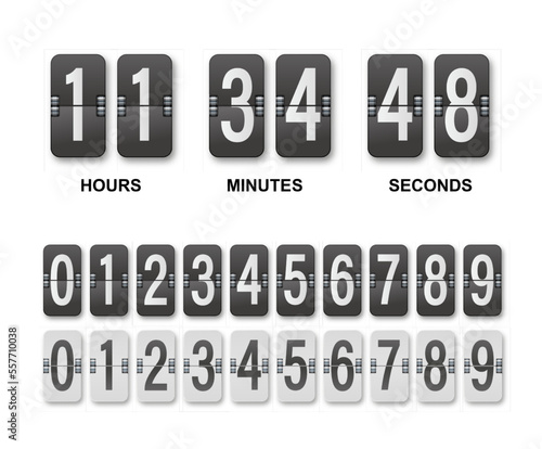 Clock countdown display. Set numbers flip watch. Black and white date counter flip display isolated on white background