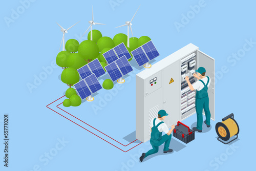 Isometric Electricity energy maintenance. Technician repair service of the powerline. Checking the operating voltage levels of the solar panel switchgear compartment.