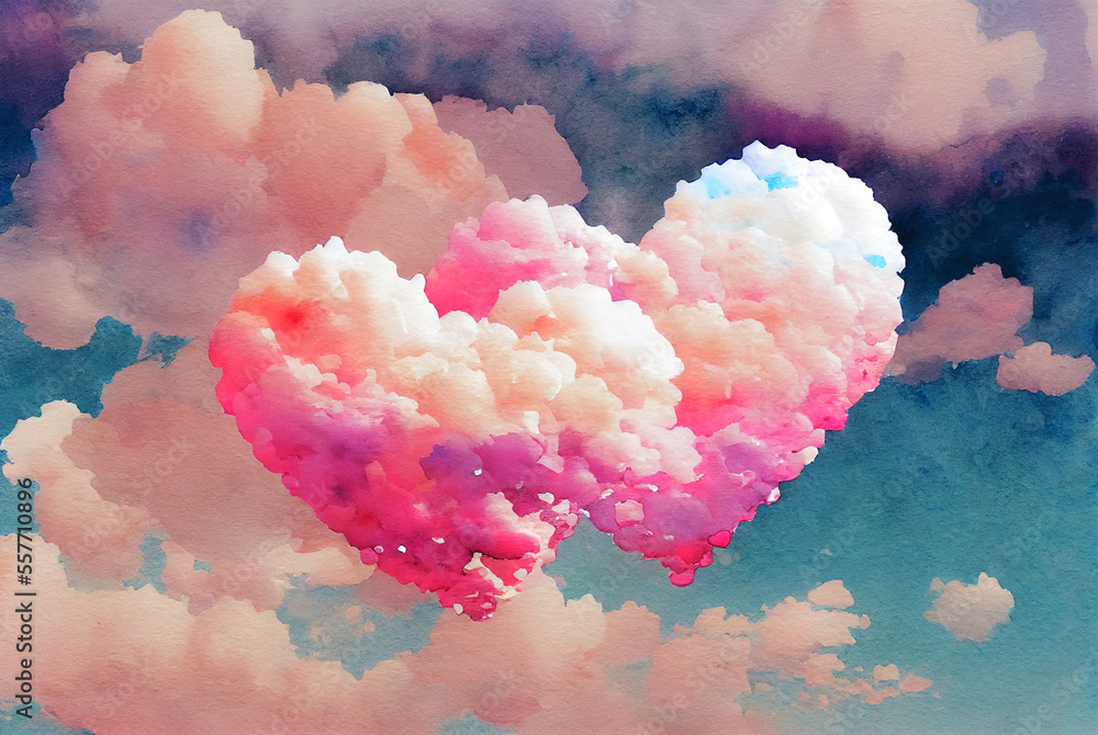 Watercolor cloud hearts with added texture. Fluffy pink and white design. Generative AI.