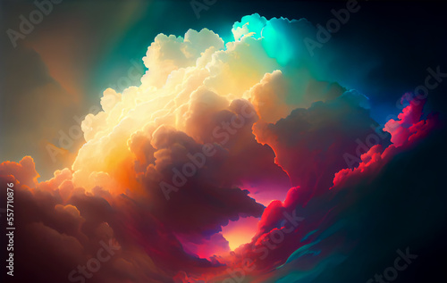 Fantasy cumulus clouds in prismatic rich colors of red, orange, blue, gold and purple. Dreamlike concept art. Generative AI.