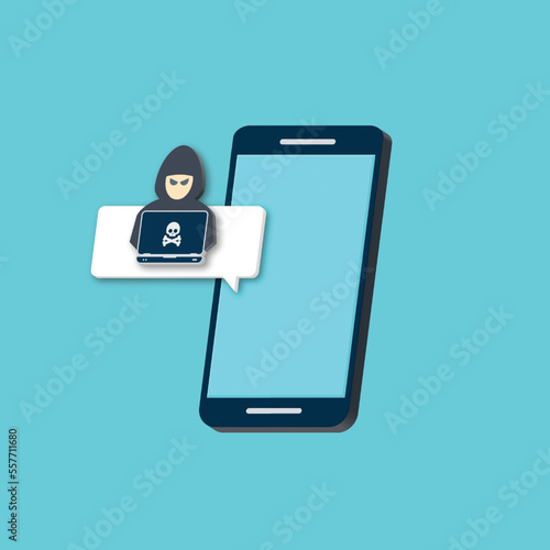 Hacker, malware notification on mobile phone. Smartphone with hacker alert, spam data on cellphone fraud error message, scam, virus. 3D vector illustration.