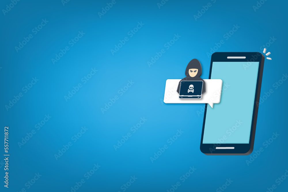 Hacker, malware notification on mobile phone. Smartphone with hacker alert, spam data on cellphone fraud error message, scam, virus. 3D vector illustration. Hacker, malware notification on mobile phone. Smartphone with hacker alert, spam data on cellphone fraud error message, scam, virus. 3D vector illustration.