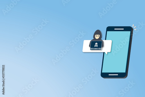 Hacker, malware notification on mobile phone. Smartphone with hacker alert, spam data on cellphone fraud error message, scam, virus. 3D vector illustration.