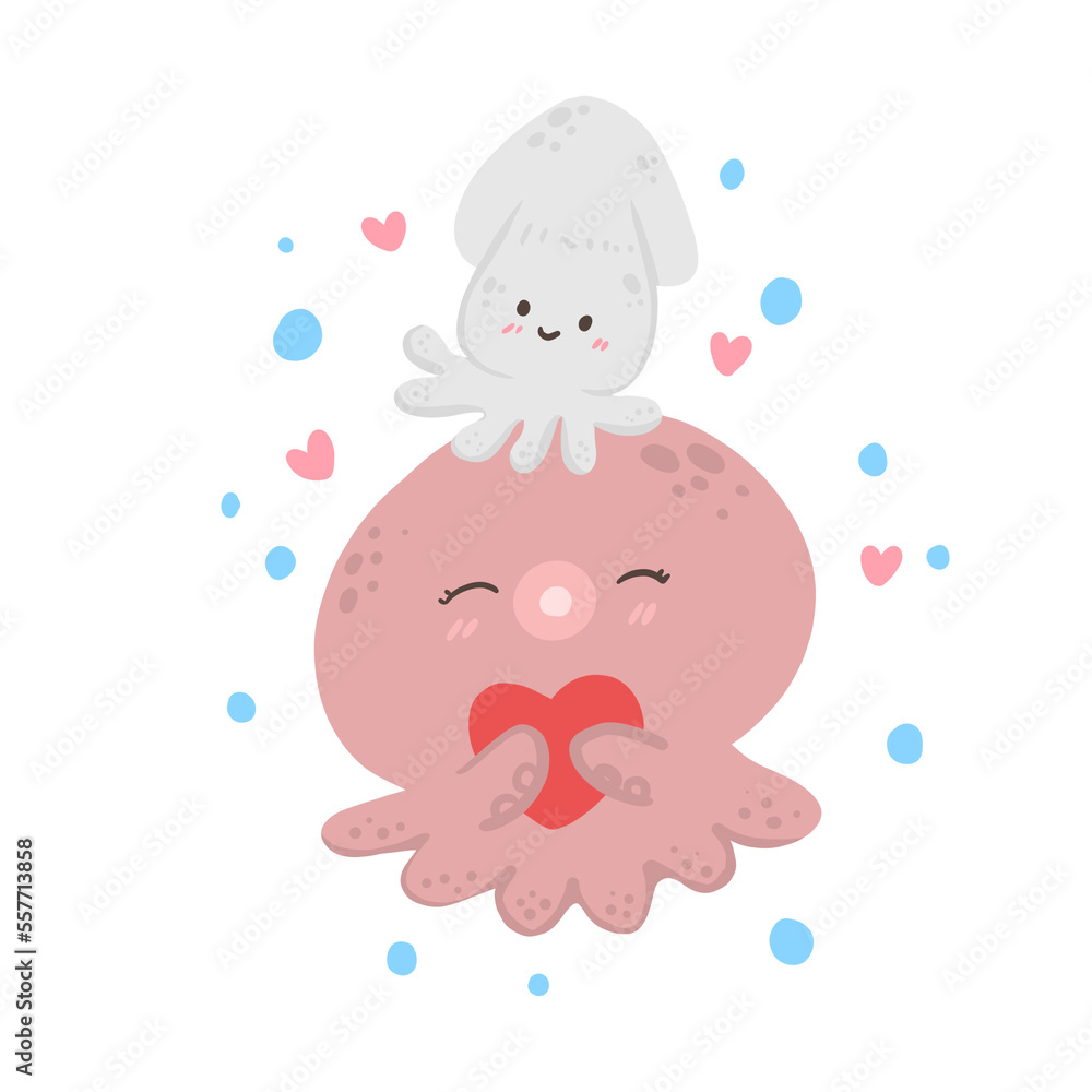 octopus or squid and heart in love, valentine's day illustration octopus or squid and heart in love, valentine's day illustration