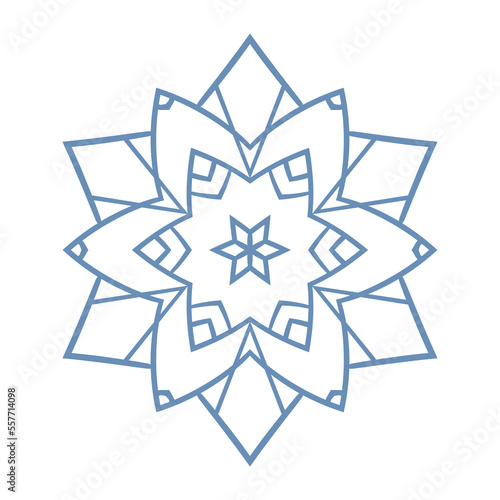 Blue template snowflake with shadow. Isolated snowflakes icon, round mandala. Winter Holiday cartoon flat illustration. Merry Christmas and New year Vector. Hand draw style