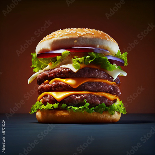 Fresh Tasty Big Hamburger or Cheeseburger. Generative Ai Art. Delicious Homemade Burger of Beef, Cheese and Vegetables. Fat Unhealthy Food. Close-up View.