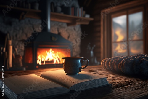 hot drink next to burning fireplace, generative ai composite
