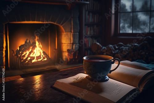 chocolate drink near a burning fireplace, cozy cabin fireplace, generative ai composite