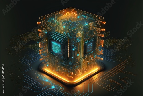Abstract quantum computing circuit with futuristic design.
Created with generative AI technology and Photoshop. photo