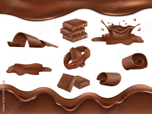 Chocolate splash. Sweets chopped bar. 3D cocoa bean dessert. Liquid caramel drops. Melt sauce. Brown cream smudges. Confectionery piece. Cooking ingredient. Vector realistic objects set