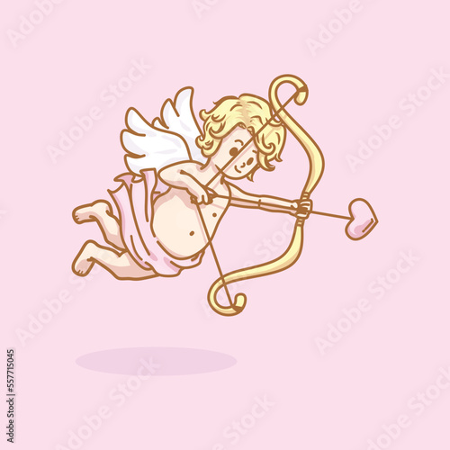 Little cupid aiming at someone. Isolated flat cartoon vector icon illustration. Suitable for love, couple, valentine day design concept.