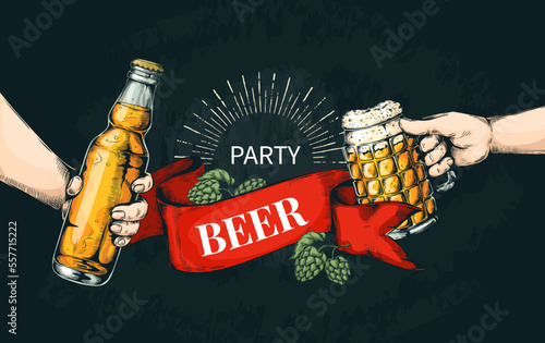 Hand drawn bottle, drink beer poster. Man hold glass mug, clink on party, toast illustration, engraving lettering, retro poster. Foam beverage in bottle and glasses. Vector vintage background