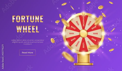 Fortune wheel realistic, lucky lottery prize. Landing page design. Casino game jackpot web banner, luck for money bet, win number, motion round target. 3d elements. Vector graphic background