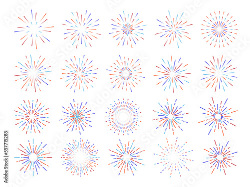 Firework icons. Patriotic usa fireworks, happy stars. Us colors, american 4th july burst and rays, blue party stars, celebration collection. Frames set. Vector illustration background