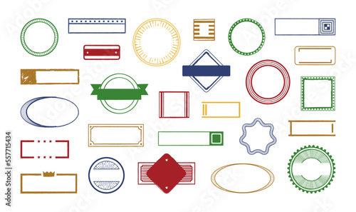 Rubber stamps. Grunge frames. Distressed imprints. Border shapes. Ink texture for label. Paper mark. Certificate insignia symbols. Vintage postal blank seals set. Vector icon templates