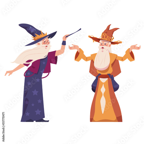 Cartoon wizard. Old men in robes costume and hats with silver beard. Holding magic wand. Characters isolated on white background. Sorcerer and alchemist, witchcraft mascot. Vector illustration