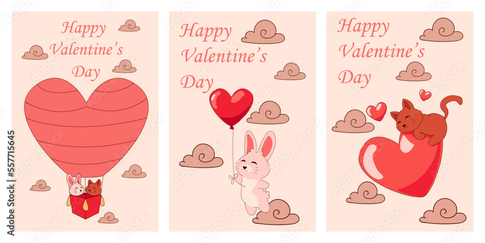 Animals with red hearts. Valentines Day. Kittens flying in hot air balloon. Romantic holiday. Kitty and bunny love. Cat and rabbit characters in sky clouds. Vector greeting cards design set Animals with red hearts. Valentines Day. Kittens flying in hot air balloon. Romantic holiday. Kitty and bunny love. Cat and rabbit characters in sky clouds. Vector greeting cards design set