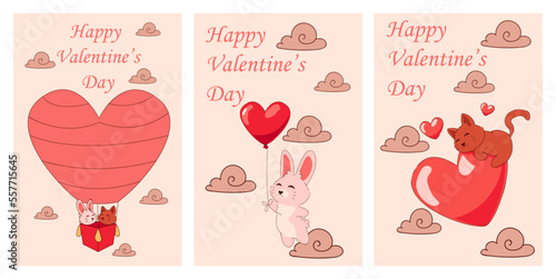 Animals with red hearts. Valentines Day. Kittens flying in hot air balloon. Romantic holiday. Kitty and bunny love. Cat and rabbit characters in sky clouds. Vector greeting cards design set