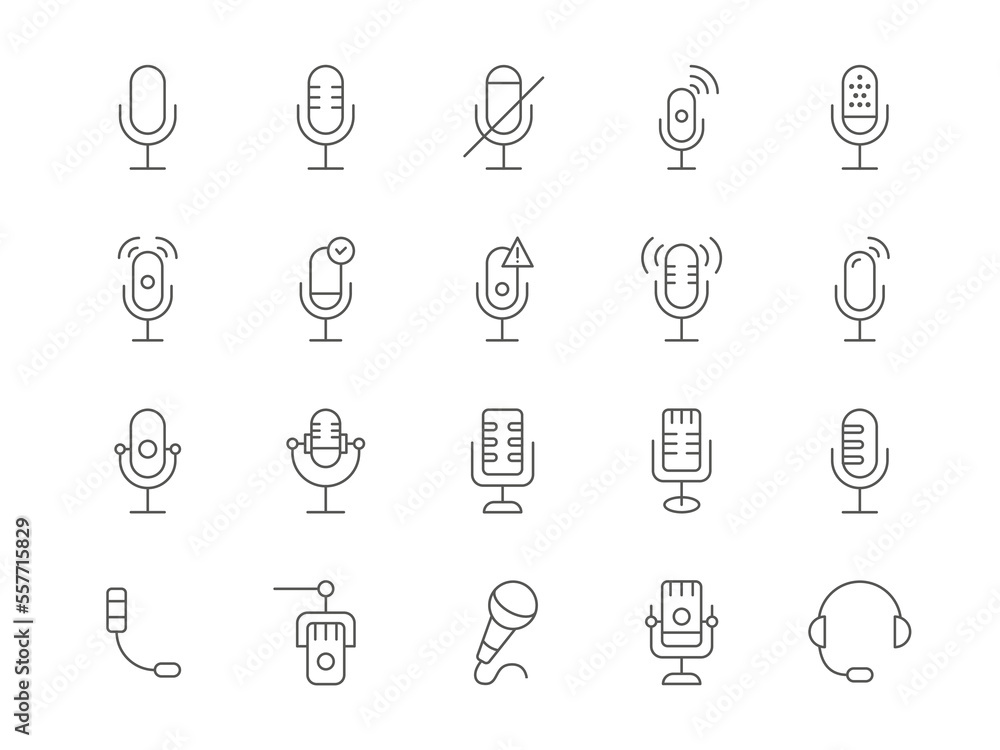 Microphone icon. Radio and web podcast icons. Old broadcast line sign, audio music studio symbols, vocal karaoke and voice. Volume device, vector black pictogram isolated set Microphone icon. Radio and web podcast icons. Old broadcast line sign, audio music studio symbols, vocal karaoke and voice. Volume device, vector black pictogram isolated set