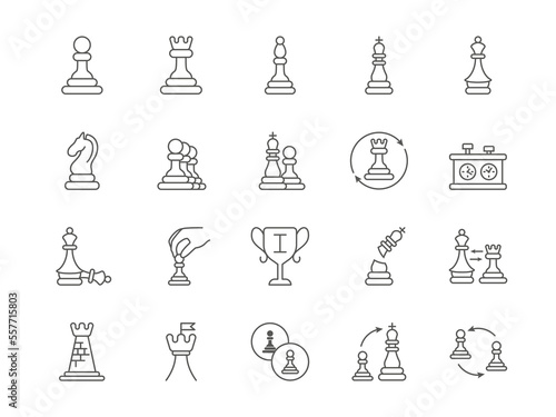 Chess piece. Competition game icons. Pawn or rook in chessman hand. Queen and king figures. Intellectual battle. Business strategy or tactic challenge. Line strokes. Vector symbols set