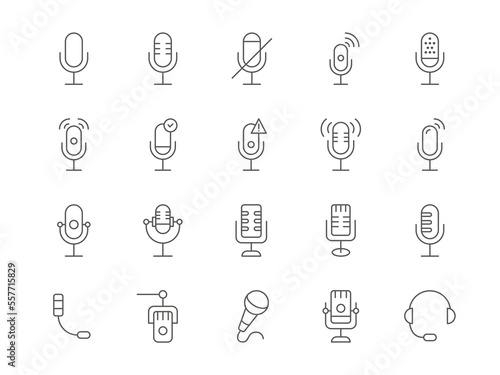 Microphone icon. Radio and web podcast icons. Old broadcast line sign, audio music studio symbols, vocal karaoke and voice. Volume device, vector black pictogram isolated set