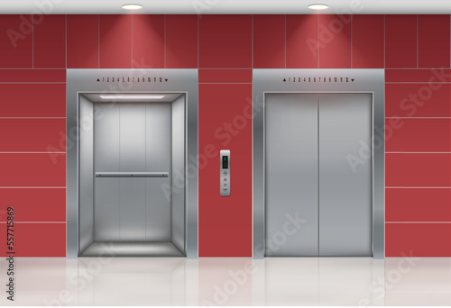 Realistic elevator. Open and closed sliding metal doors. Building hallway interior. Steel indoor lift. Walls and floor. 3D business gate. Office architecture. Vector illustration concept