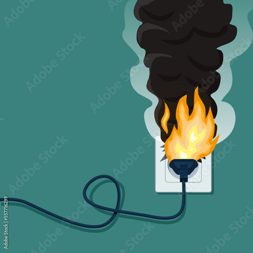 Electric socket with burning fire. Short circuit. Wire plug. Surge shock. Accident with power cable. Electricity outlet. Risk and hazard. Overloaded wiring. Vector illustration concept