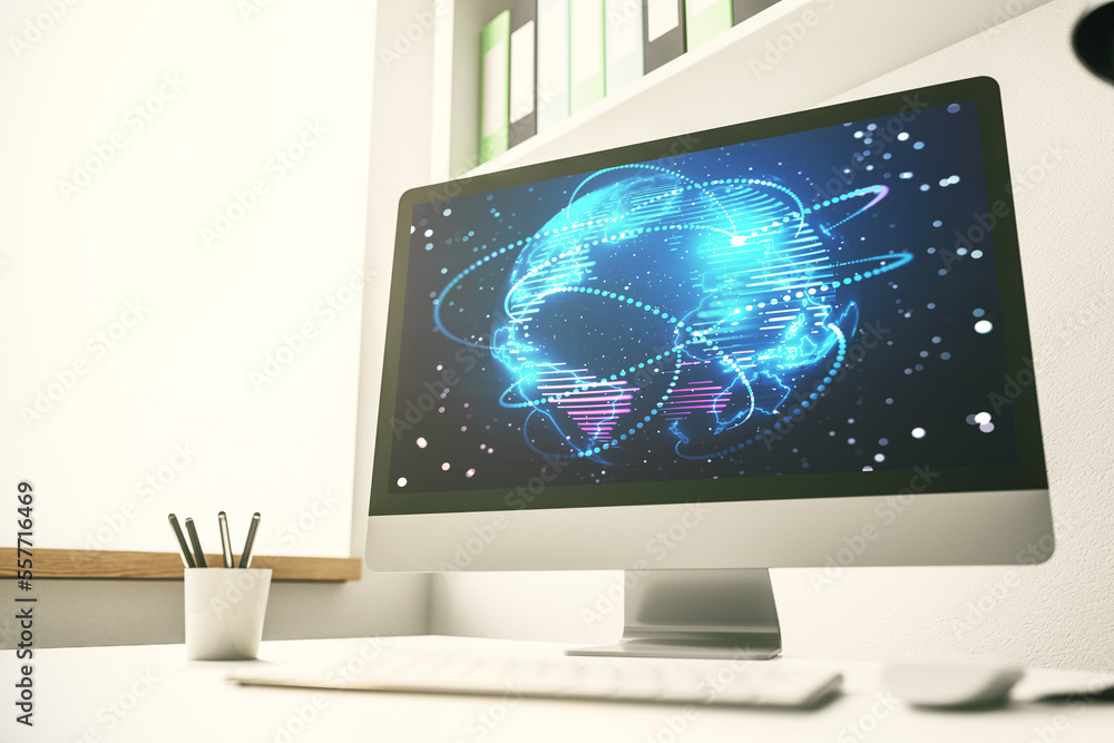 Computer monitor with abstract graphic digital world map with connections, globalization concept. 3D Rendering Computer monitor with abstract graphic digital world map with connections, globalization concept. 3D Rendering