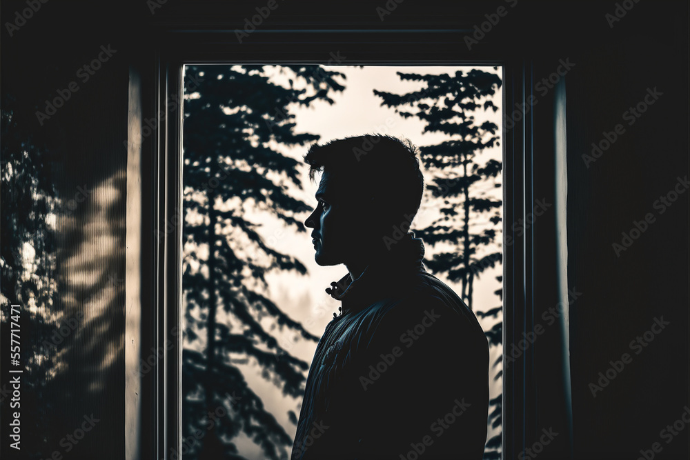 silhouette of a person looking out through window
