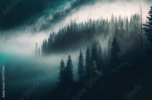 A forest filled with lots of trees covered in fog. Art. Landscape. Generative AI.