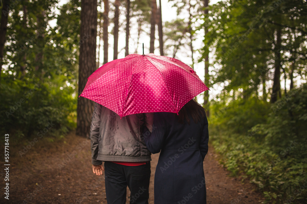 Couple together under pink umbrella in a rainy day in forest