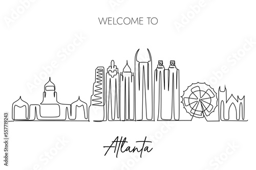 welcome to Atlanta writing with skyline line drawing. Simple hand drawn style design for travel and tourism promotion