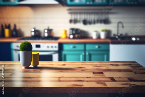 Wooden Table in Modern Contemporary Kitchen - Generative AI
