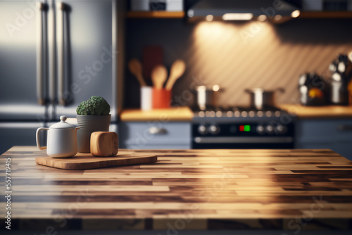 Wooden Table in Modern Contemporary Kitchen - Generative AI
