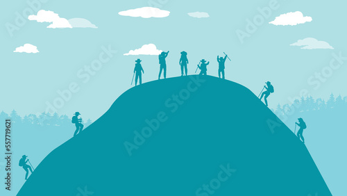 flat cartoon side view of group of hiker traveller and mountain