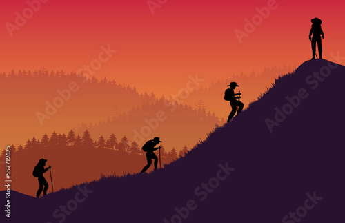 silhouette group of hiker traveller and mountain on orange gradient background